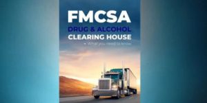 FMCSA Drug and Alcohol Clearinghouse Registration semi Truck on HWY driving away from sunset