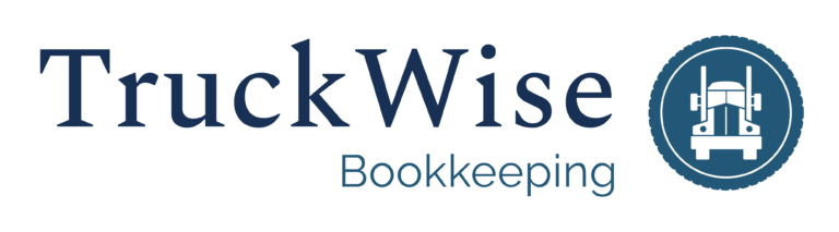 text saying truckwise bookkeeping with logo of outlined blue truck on right